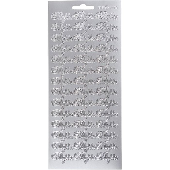Stickers, tillykke, foglio 10x23 cm, argento, 1 fgl.