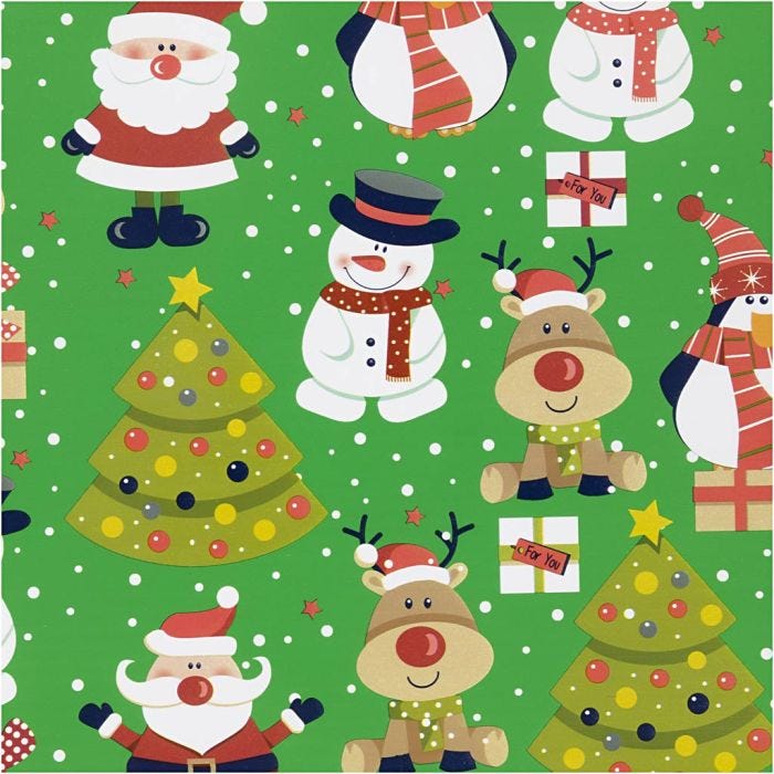 Confezione regalo, Babbo Natale, albero di Natale, regalo di Natale, renne, pupazzo di neve e pinguino, L: 50 cm, 80 g, verde, 5 m/ 1 rot.