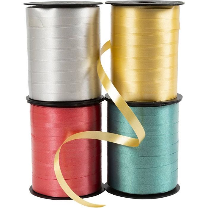 Nastro arricciabile - assortimento, L: 10 mm, brillante, oro, verde, rosso, argento, 4x250 m/ 1 conf.