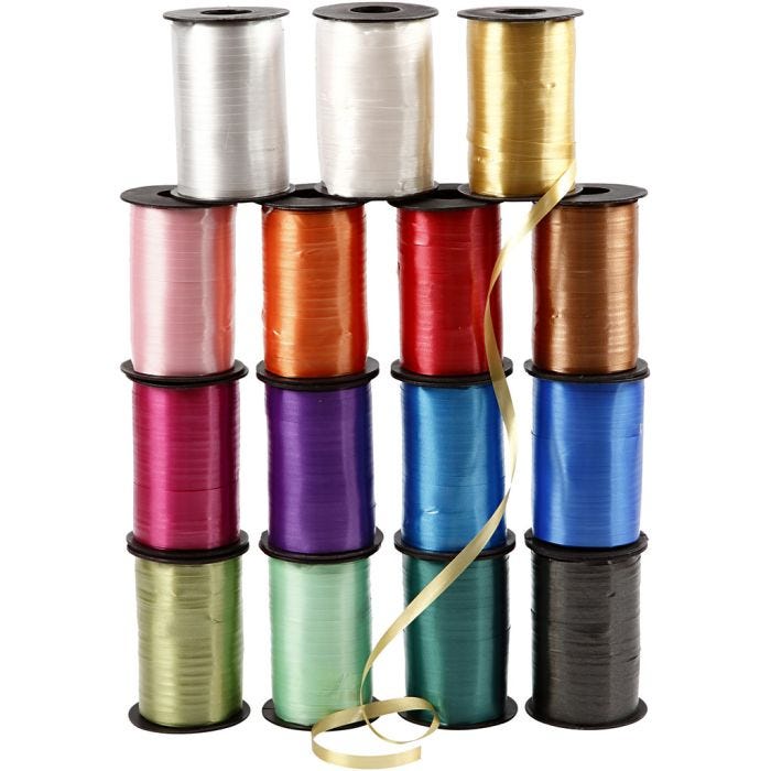 Nastro arricciabile - assortimento, L: 10 mm, brillante, colori asst., 15x250 m/ 1 conf.