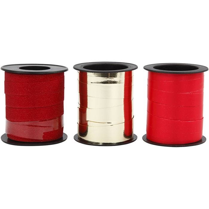 Nastro arricciabile, L: 10 mm, oro, rosso, rosso glitter, 3x15 m/ 1 conf.