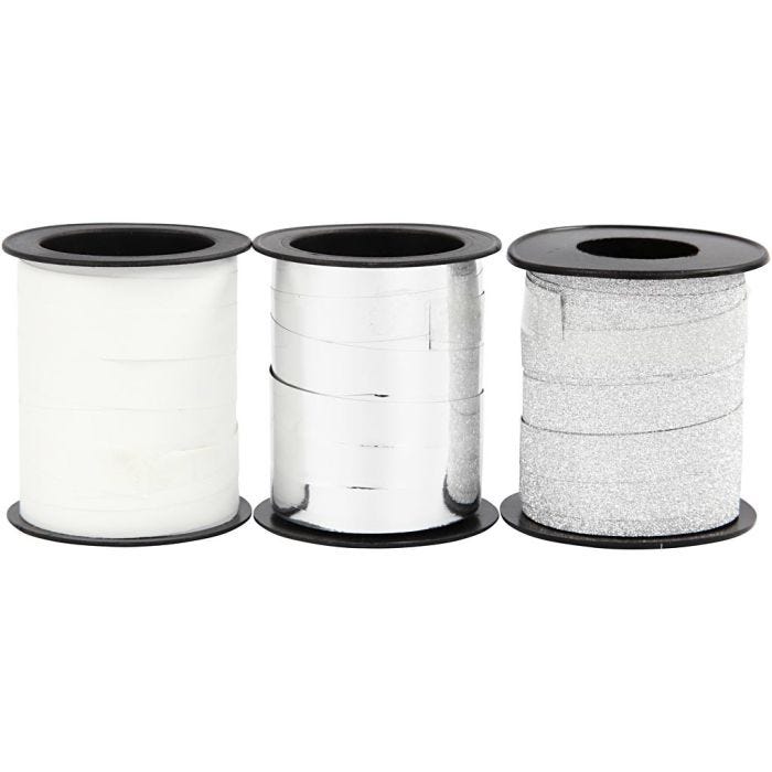 Nastro arricciabile, L: 10 mm, argento, argento glitter, bianco, 3x15 m/ 1 conf.