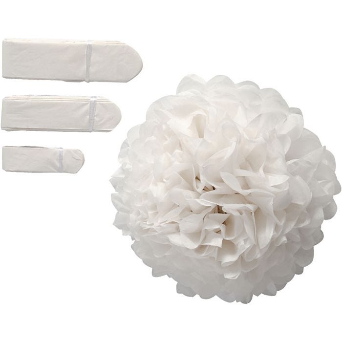 Pom-poms in carta velina, diam 20+24+30 cm, 16 g, bianco, 3 pz/ 1 conf.