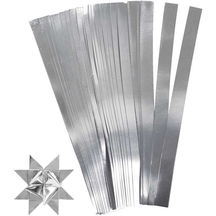 Scrisce di carta per stelle Froebel, L: 45 cm, diam 4,5 cm, L: 10 mm, argento, 100 strisce/ 1 conf.