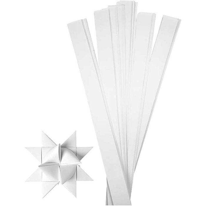 Scrisce di carta per stelle Froebel, L: 73 cm, diam 11,5 cm, L: 25 mm, bianco, 100 strisce/ 1 conf.