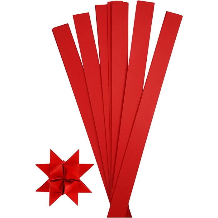 Scrisce di carta per stelle Froebel, L: 73 cm, diam 11,5 cm, L: 25 mm, rosso, 100strisce/ 1 conf.
