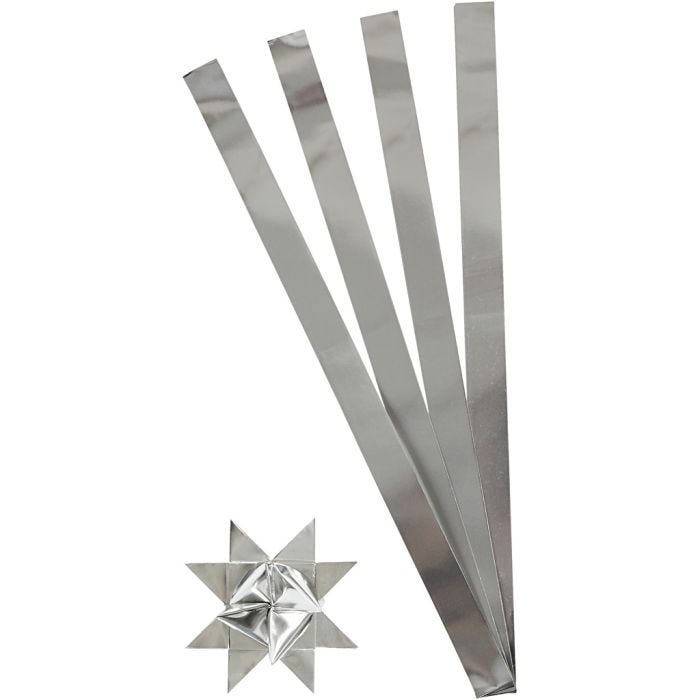 Scrisce di carta per stelle Froebel, L: 73 cm, diam 11,5 cm, L: 25 mm, argento, 100 strisce/ 1 conf.