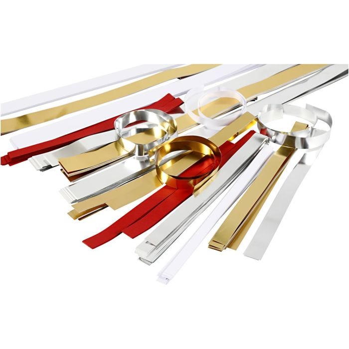 Scrisce di carta per stelle Froebel, L: 44+78 cm, L: 10+15+25 mm, diam 4,5+6,5+11,5 cm, il contenuto può variare , oro, rosso, argento, bianco, 5000 strisce/ 1 conf.