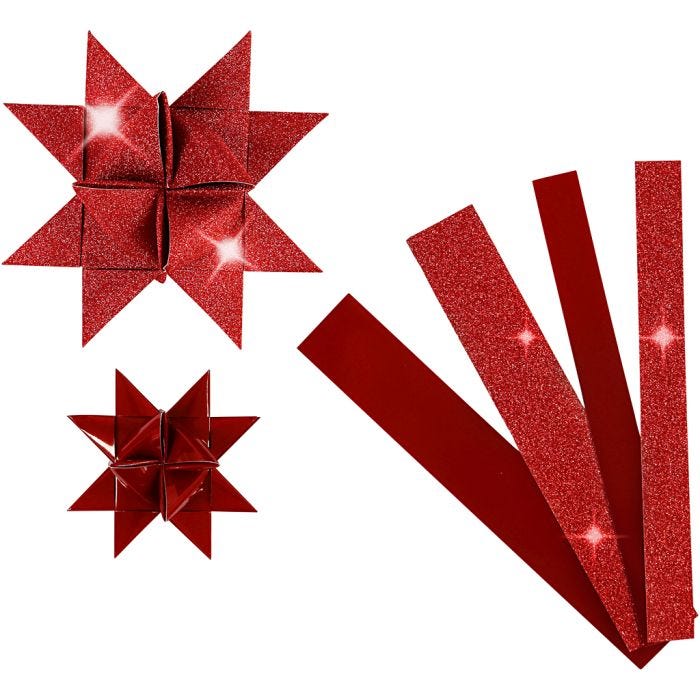 Strisce di carta per stelle , L: 44+78 cm, diam 6,5+11,5 cm, L: 15+25 mm, glitter,vernice, rosso, 40strisce/ 1 conf.