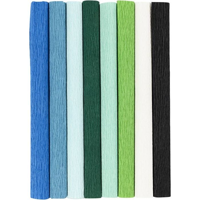 Carta Crespa, foglio 25x60 cm, Proporzione: 180%, 105 g, armonia blu/verde, 8 fgl./ 1 conf.