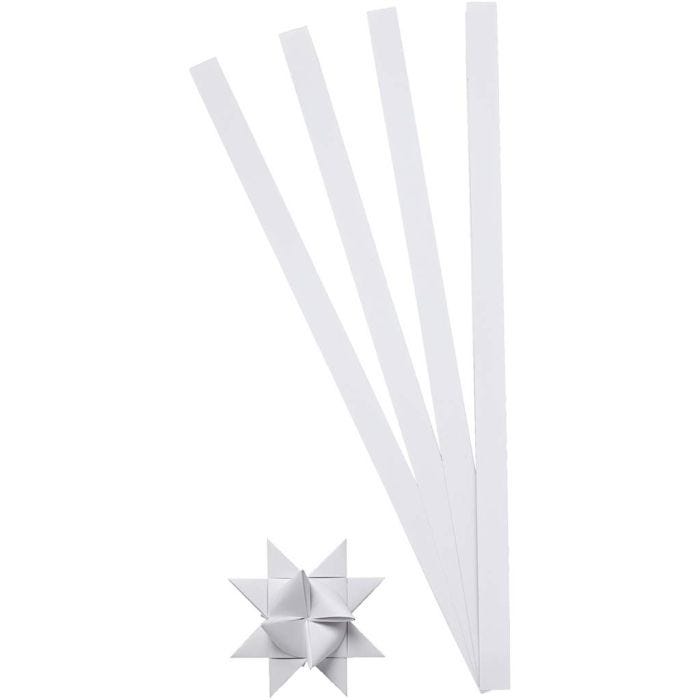 Scrisce di carta per stelle Froebel, L: 45 cm, L: 10 mm, diam 4,5 cm, bianco, 100 strisce/ 1 conf.