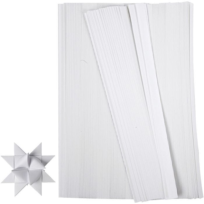 Scrisce di carta per stelle Froebel, L: 45 cm, L: 15 mm, diam 6,5 cm, bianco, 500strisce/ 1 conf.