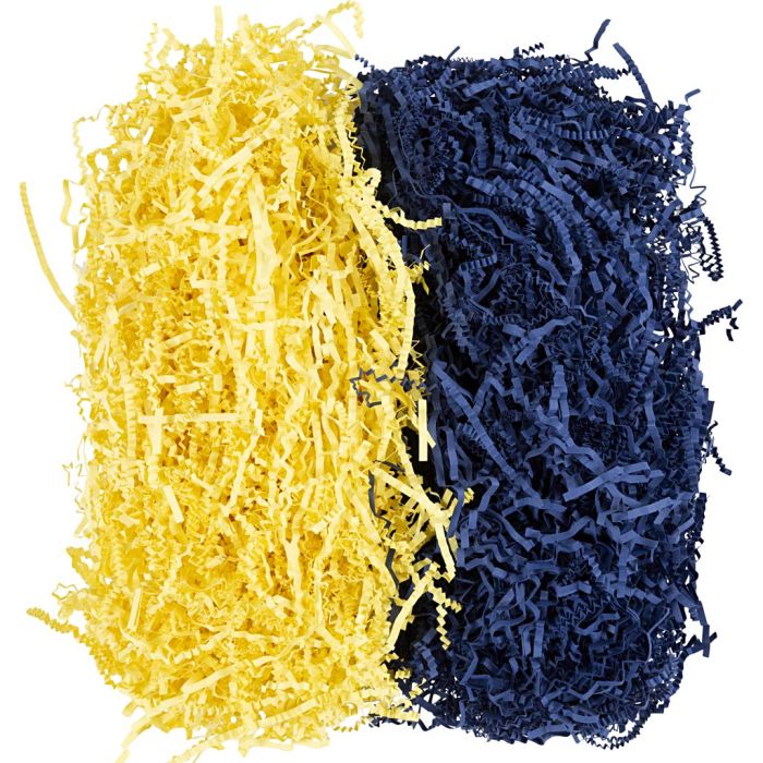 Carta Stropicciata, L: 25-30 cm, L: 3 mm, blu scuro, giallo, 2x50 g/ 1 conf.