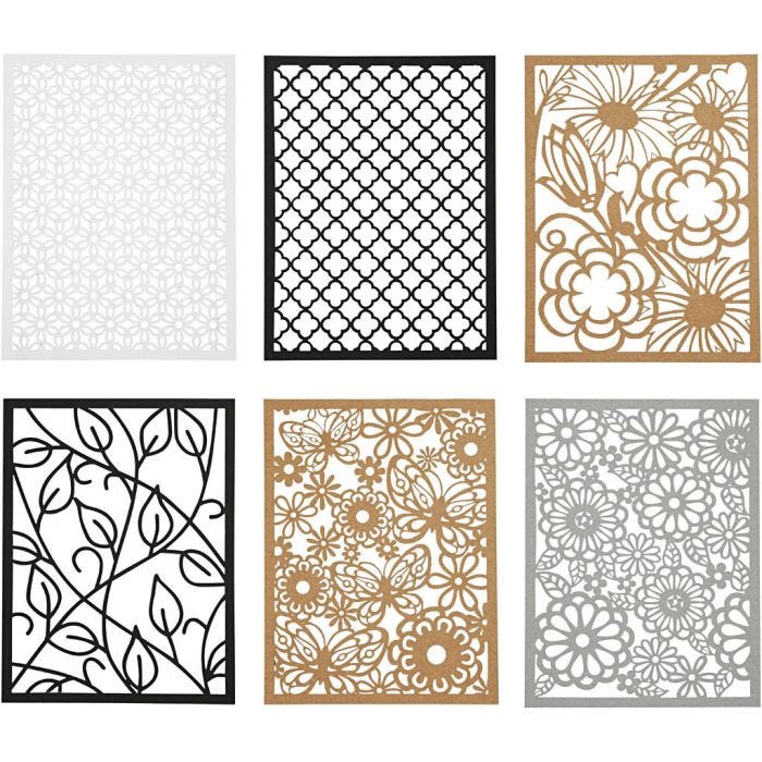 Blocco con cartoncini fantasia merlettati, A6, foglio 104x146 mm, 200 g, nero, natural, grigio, bianco, 24 pz/ 1 conf.