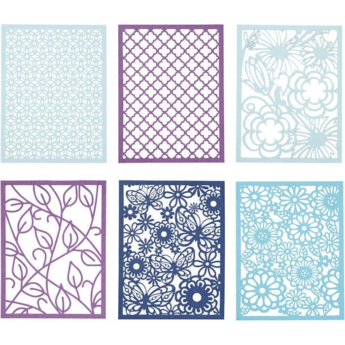 Blocco con cartoncini fantasia merlettati, A6, foglio 104x146 mm, 200 g, blu, azzurro, blu scuro, viola, 24 pz/ 1 conf.