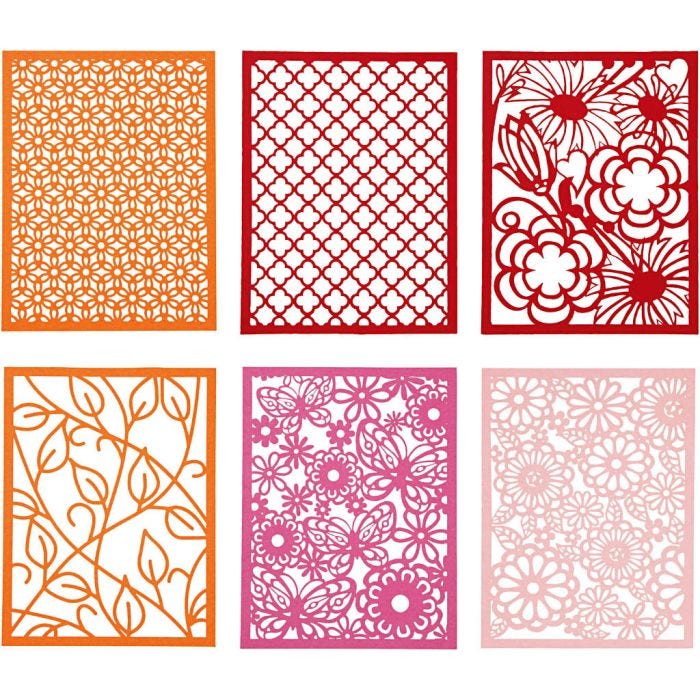 Blocco con cartoncini fantasia merlettati, A6, foglio 104x146 mm, 200 g, arancio, rosa, rosso, rosato, 24 pz/ 1 conf.