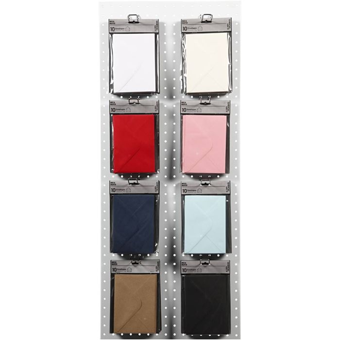 Buste, dim. busta 11,5x16 cm, 110 g, nero, blu, rosso, bianco, 8x10 conf./ 1 conf.