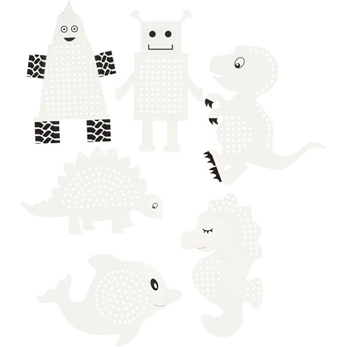Cartoncino da ricamare, animali/robots, H: 8-13 cm, L: 8-13 cm, bianco, 6x3pz/ 1 conf.