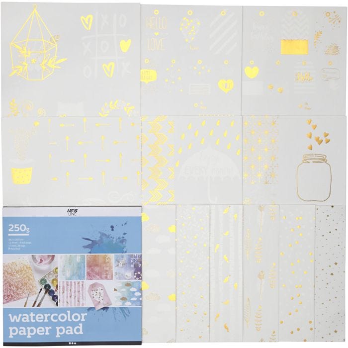 Blocco di carta acquarello con stampa fantasia, misura 30,5x30,5 cm, bianco, 12 fgl./ 1 pz
