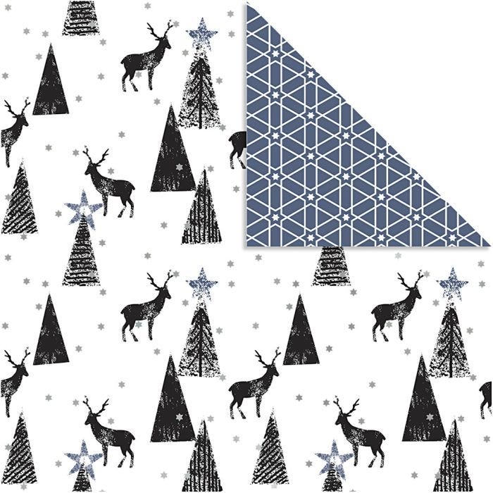 Carta fantasia, renne e stampa fantasia, 180 g, nero, argento, bianco, 3 fgl./ 1 conf.