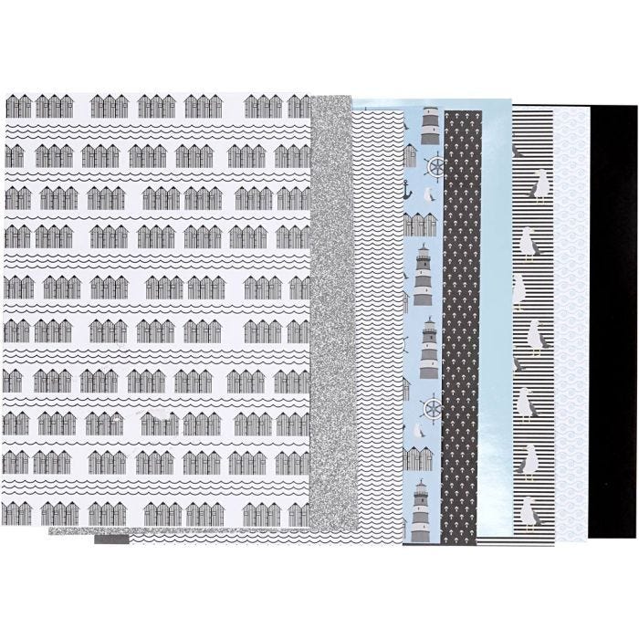Blocco carta fantasia, misura 21x30 cm, 120+128 g, nero, blu, grigio, bianco, 24 fgl./ 1 conf.