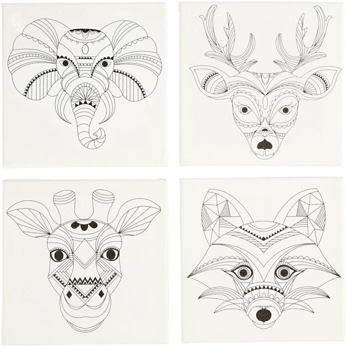 Tela tesata con stampa, animali, misura 20x20 cm, 280 g, bianco, 4 pz/ 1 conf.