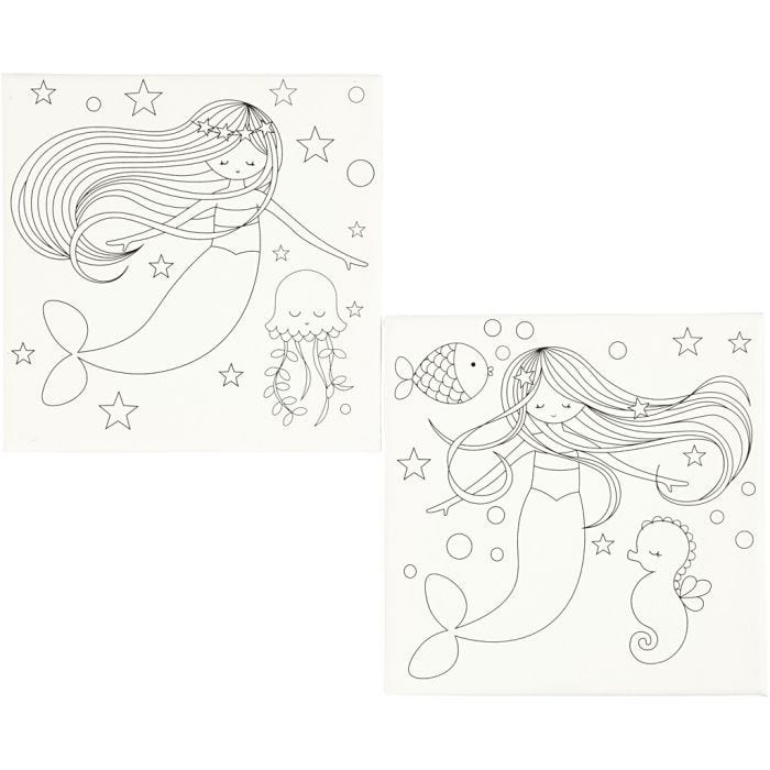 Tela tesata con stampa, sirene, misura 20x20 cm, 280 g, bianco, 2 pz/ 1 conf.