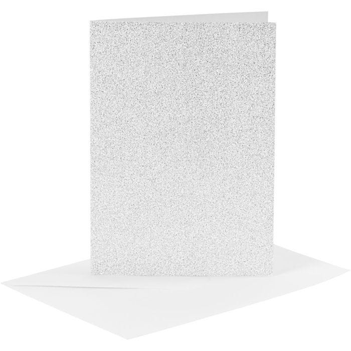 Biglietti e buste, dim. cartoncino 10,5x15 cm, dim. busta 11,5x16,5 cm, glitter, 120+250 g, argento, 4 set/ 1 conf.