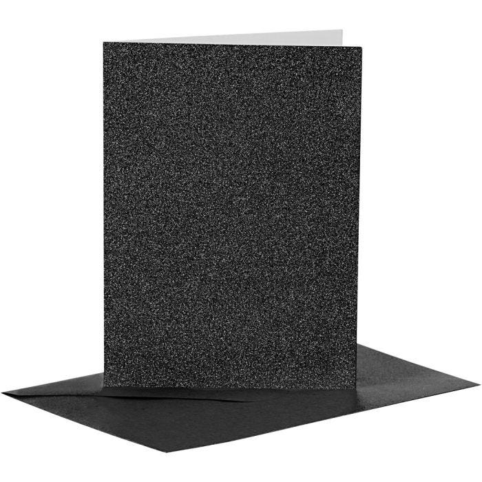 Biglietti e buste, dim. cartoncino 10,5x15 cm, dim. busta 11,5x16,5 cm, glitter, 110+250 g, nero, 4 set/ 1 conf.