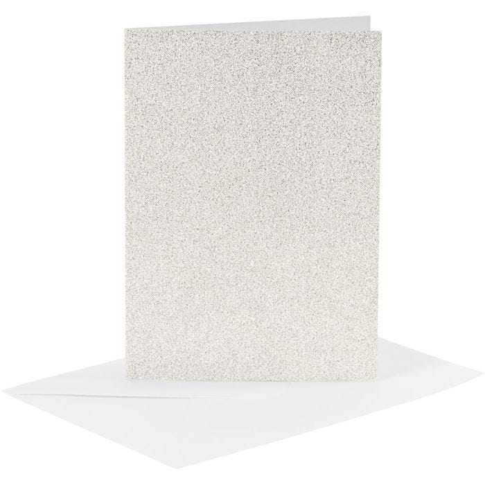Biglietti e buste, dim. cartoncino 10,5x15 cm, dim. busta 11,5x16,5 cm, glitter, 120+250 g, bianco, 4 set/ 1 conf.