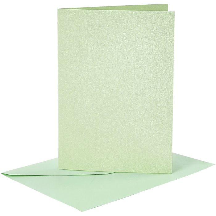 Biglietti e buste, dim. cartoncino 10,5x15 cm, dim. busta 11,5x16,5 cm, madreperla, 120+210 g, verde chiaro, 4 set/ 1 conf.