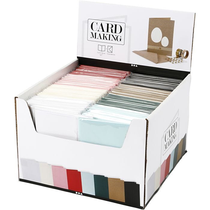 Biglietti e buste, dim. cartoncino 12,7x17,8 cm, dim. busta 13,3x18,5 cm, 230 g, colori asst., 8x10 conf./ 1 conf.