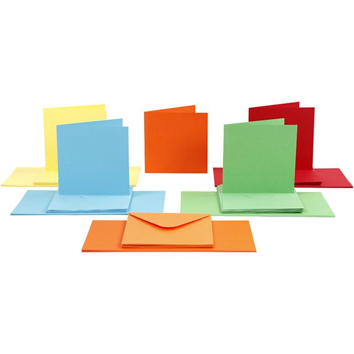 Biglietti e buste, dim. cartoncino 15x15 cm, dim. busta 16x16 cm, 110+220 g, colori asst., 50 set/ 1 conf.