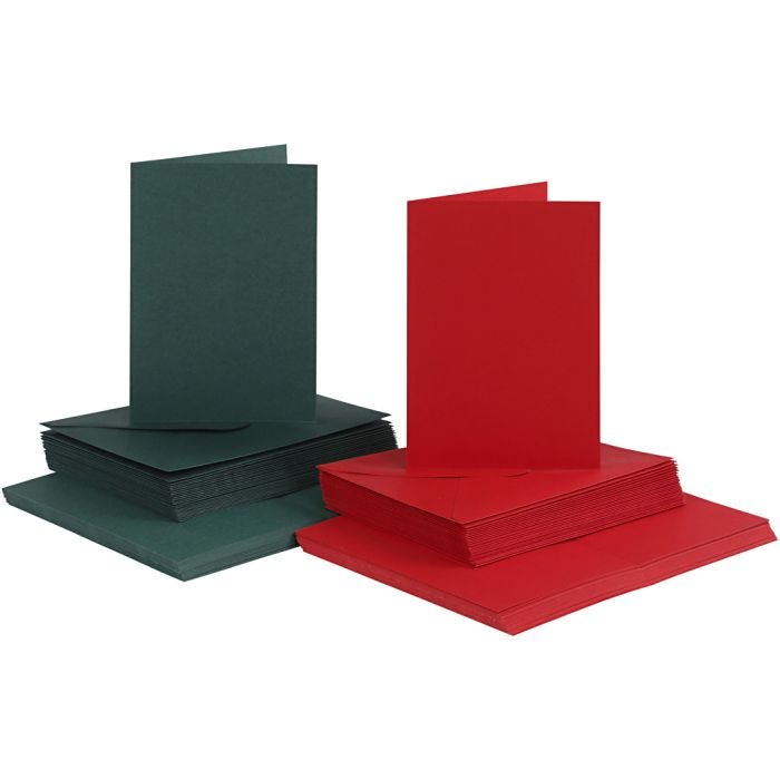 Biglietti e buste, dim. cartoncino 10,5x15 cm, dim. busta 11,5x16,5 cm, 110+230 g, verde, rosso, 50 set/ 1 conf.