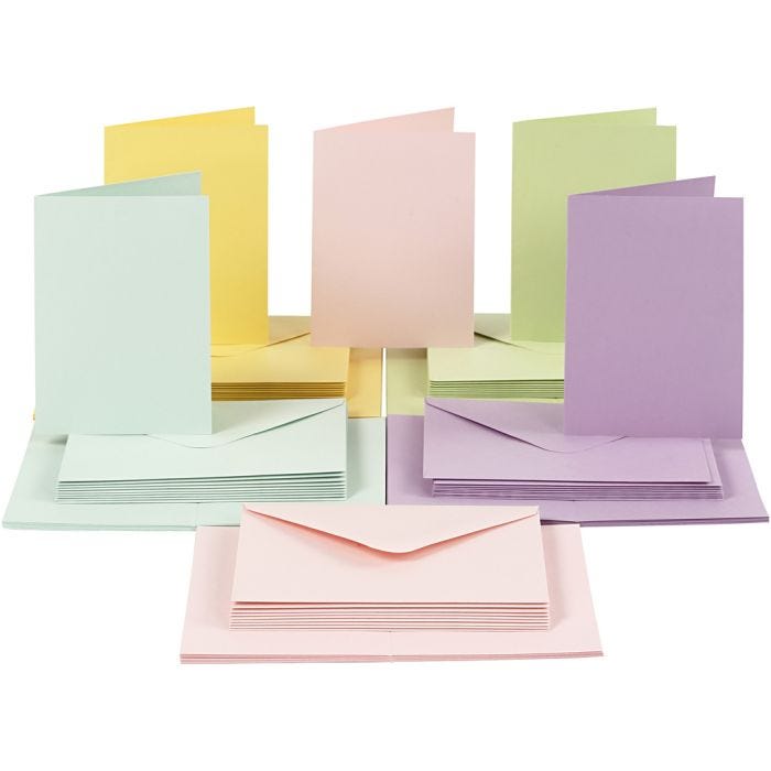 Biglietti e buste, dim. cartoncino 10,5x15 cm, dim. busta 11,5x16,5 cm, 110+220 g, colori pastello, 50 set/ 1 conf.
