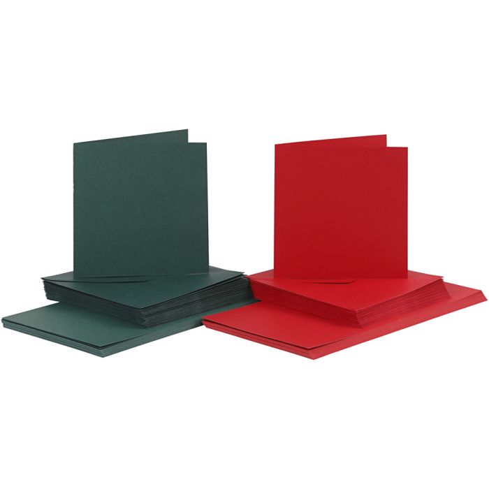Biglietti e buste, dim. cartoncino 15x15 cm, dim. busta 16x16 cm, 110+230 g, verde, rosso, 50 set/ 1 conf.