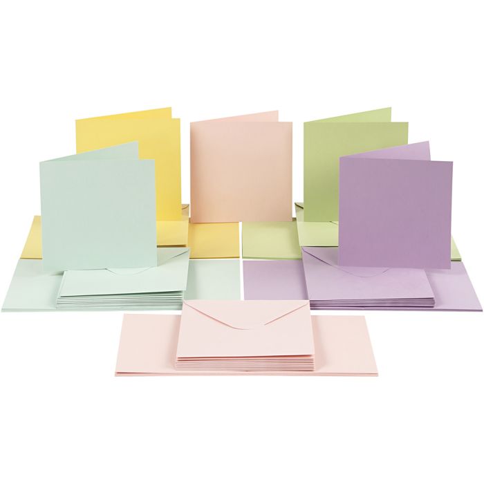 Biglietti e buste, dim. cartoncino 15x15 cm, dim. busta 16x16 cm, 110+220 g, colori pastello, 50 set/ 1 conf.