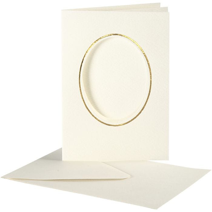 Biglietto con passepartout, ovale con bordo dorato, dim. cartoncino 10,5x15 cm, dim. busta 11,5x16,5 cm, avorio, 10 set/ 1 conf.