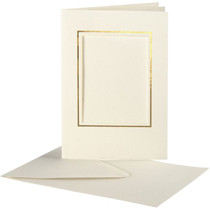 Biglietto con passepartout, rettangolare con bordo oro, dim. cartoncino 10,5x15 cm, dim. busta 11,5x16,5 cm, avorio, 10 set/ 1 conf.