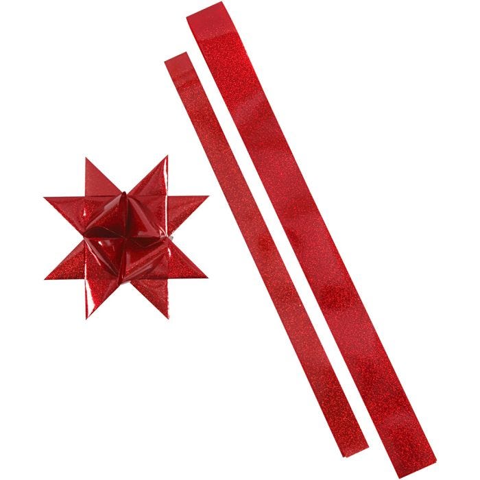 Strisce per stelle, L: 86+100 cm, diam 11,5+18,5 cm, L: 25+40 mm, rosso, rosso glitter, 16 strisce/ 1 conf.