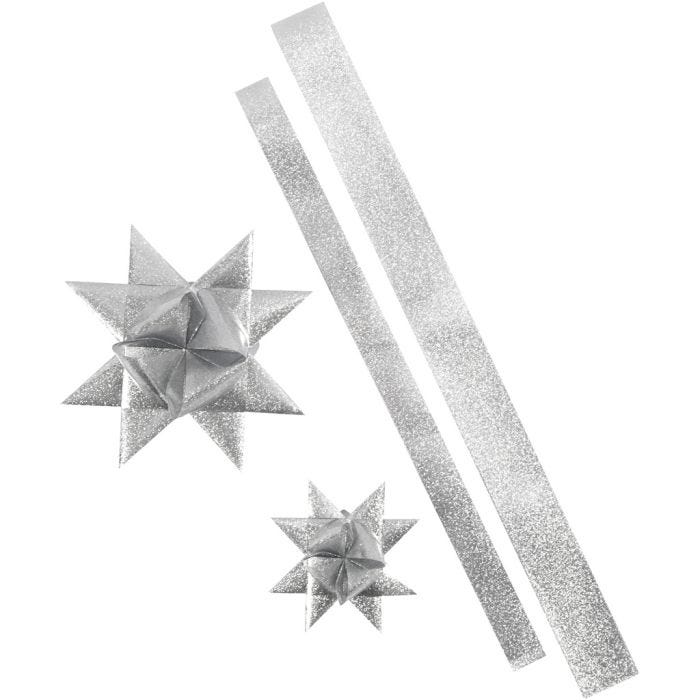 Strisce per stelle, L: 86+100 cm, L: 25+40 mm, diam 11,5+18,5 cm, argento glitter, 16 strisce/ 1 conf.
