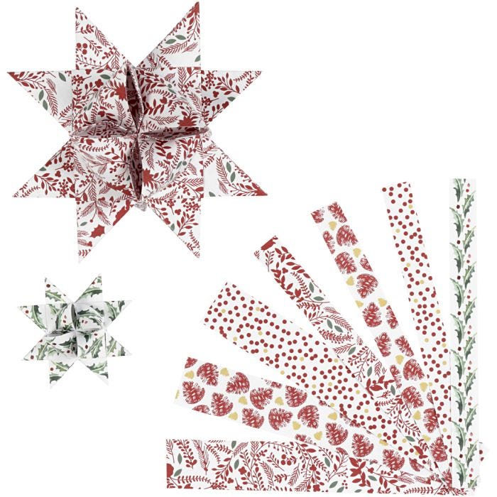 Strisce per stelle di carta, L: 44+78 cm, L: 15+25 mm, diam 6,5+11,5 cm, rosso, bianco, 48 strisce/ 1 conf.