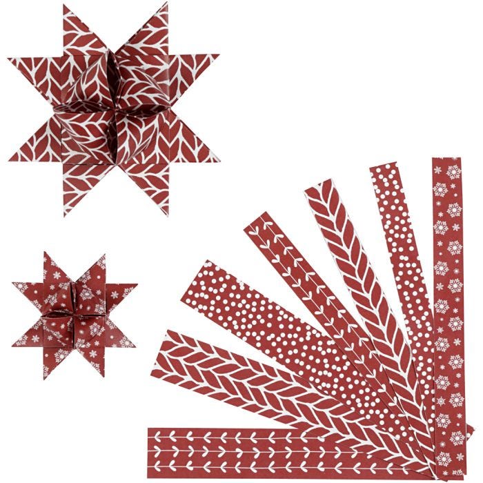 Strisce per stelle di carta, L: 44+78 cm, diam 6,5+11,5 cm, L: 15+25 mm, rosso, bianco, 60 strisce/ 1 conf.