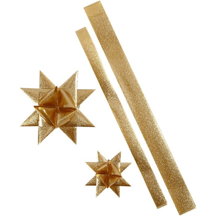 Strisce per stelle, L: 86+100 cm, L: 25+40 mm, diam 11,5+18,5 cm, oro glitter, 16 strisce/ 1 conf.