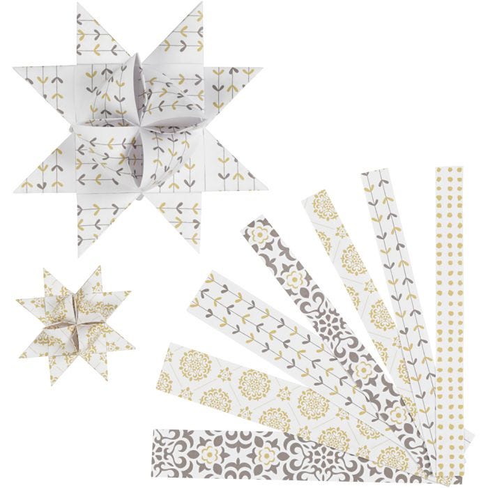 Strisce per stelle di carta, L: 44+78 cm, L: 15+25 mm, diam 6,5+11,5 cm, oro, bianco, 48 strisce/ 1 conf.
