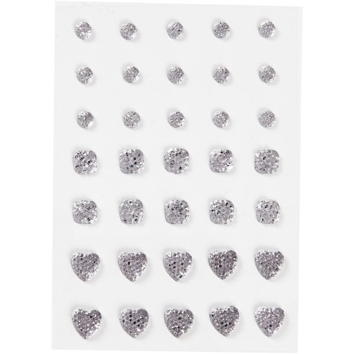 Brillantini, cerchio, quadrato, cuore, misura 6+8+10 mm, argento, 35 pz/ 1 conf.