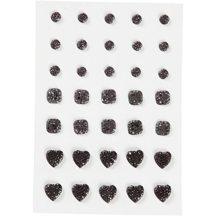 Brillantini, cerchio, quadrato, cuore, misura 6+8+10 mm, nero, 35 pz/ 1 conf.