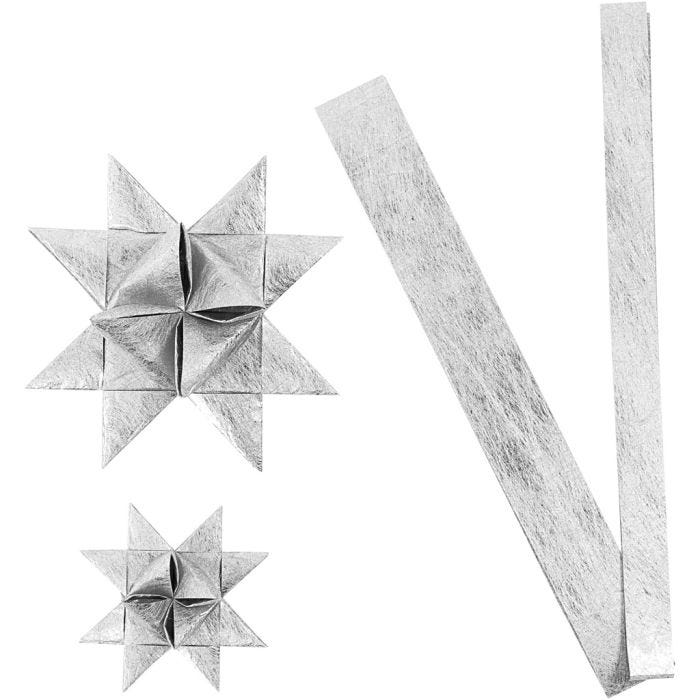 Strisce di carta per stelle , L: 44+78 cm, diam 6,5+11,5 cm, L: 15+25 mm, argento, 32 strisce/ 1 conf.
