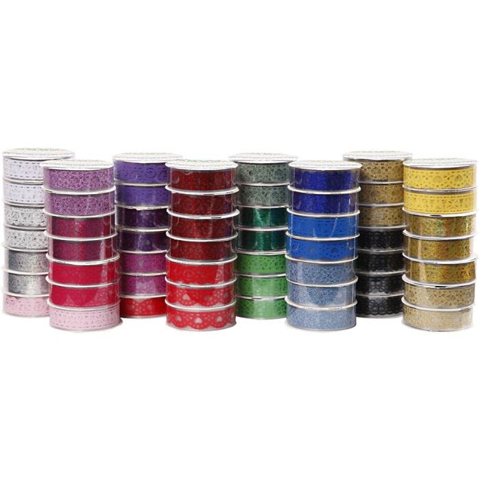 Nastro adesivo pizzo, L: 15 mm, colori asst., 56x3 m/ 1 conf.