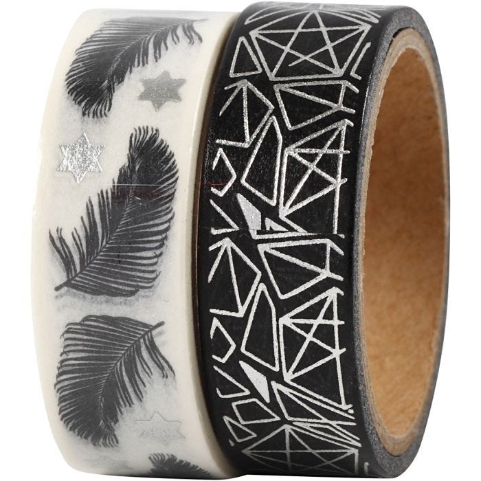 Washi Tape, piume e motivi fantasia - lamina, L: 15 mm, 2x4 m/ 1 conf.